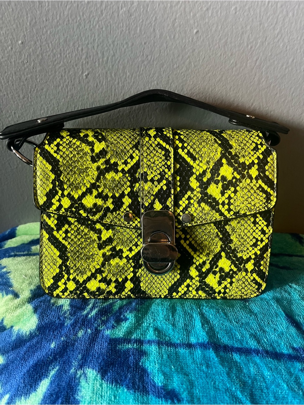 Neon Yellow Snake-Print Top Handle Bag
